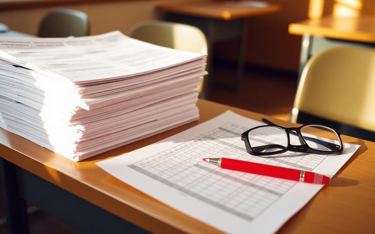 A stack of graded quizzes beside a rubric sheet, red pen and reading glasses on a classroom desk