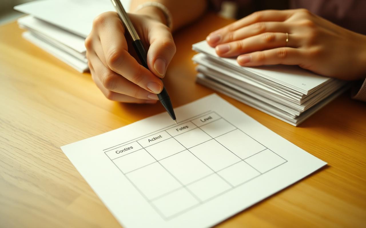 Hands marking a four level rubric in pen beside a stack of student work