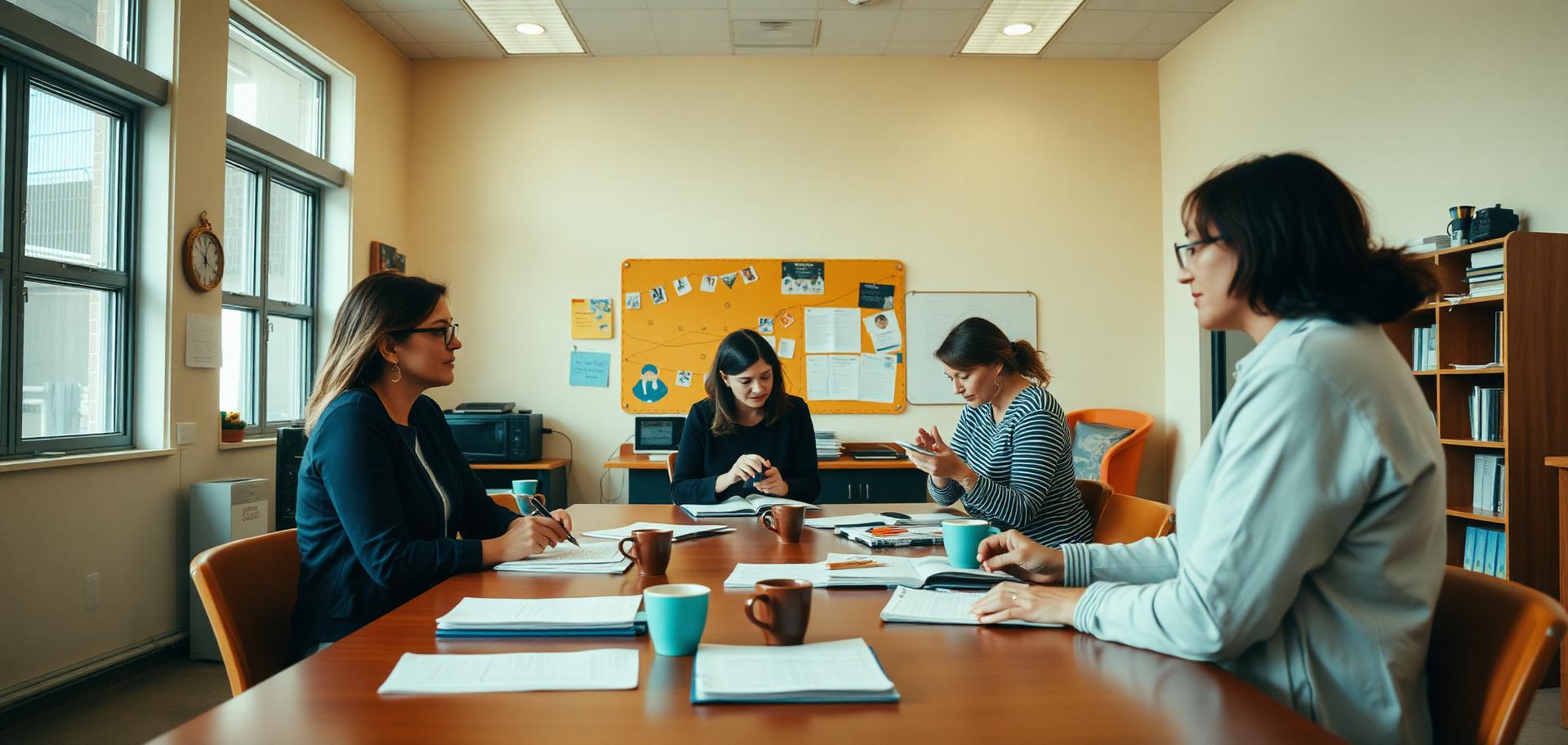 Teachers collaborating over papers and coffee in a warm staff room