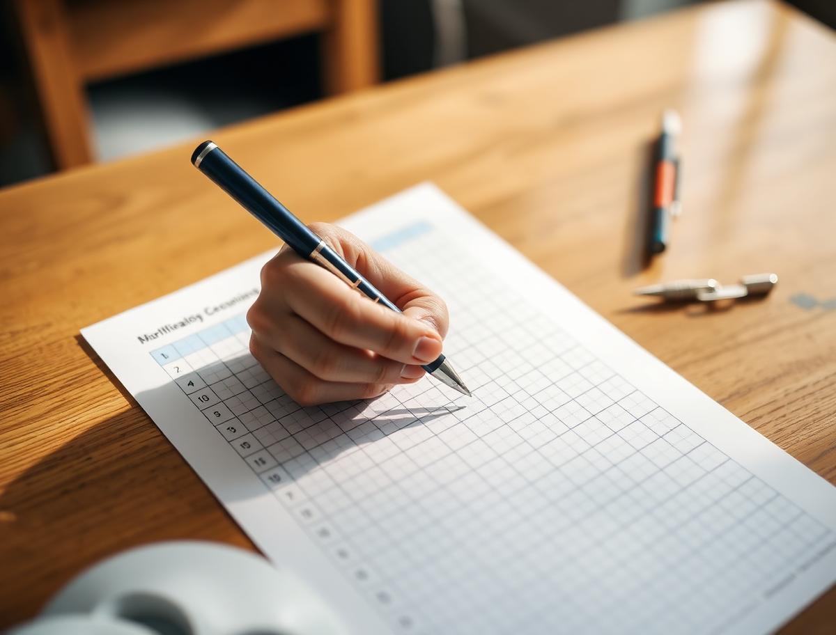 Hand holding a pen over a printed grid chart on a wooden desk