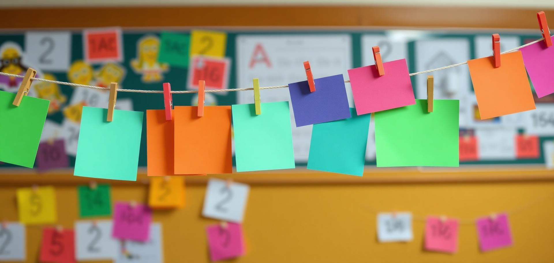 Blank colorful cards clipped to a string across a classroom bulletin board