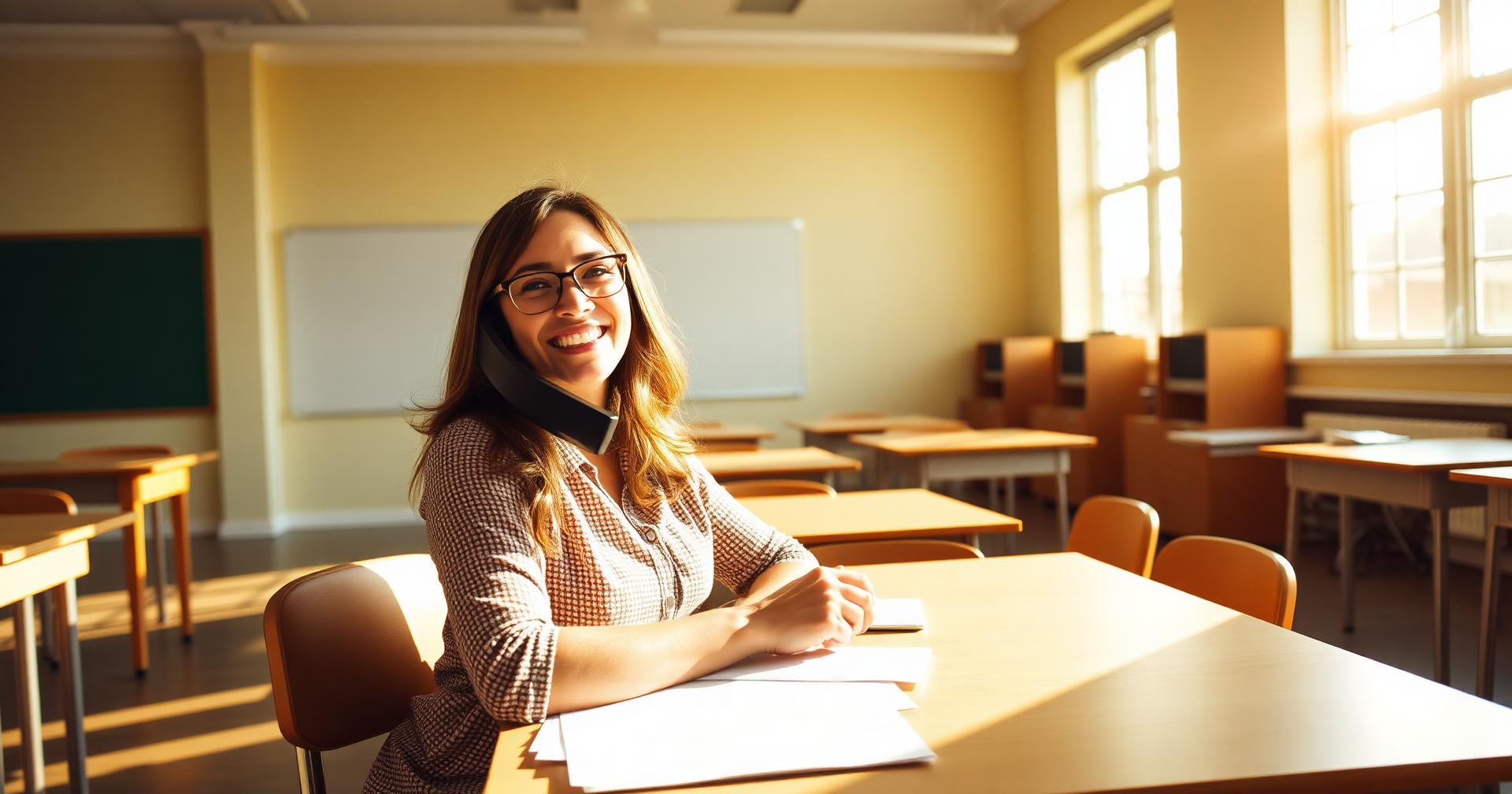 Teacher smiling on a phone call at her desk in a sunlit classroom