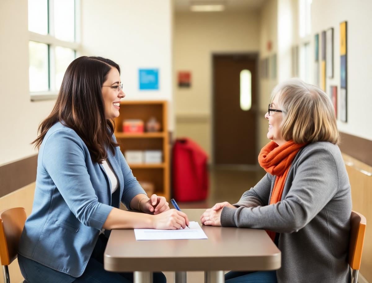 Teacher and parent talking warmly across a table in a bright school hallway