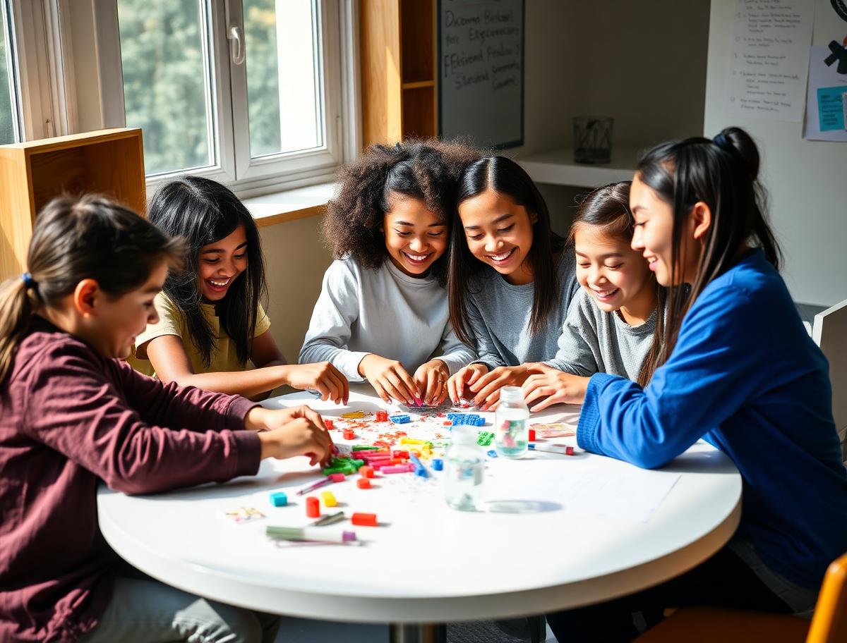 Diverse students working together with hands on materials at a round table