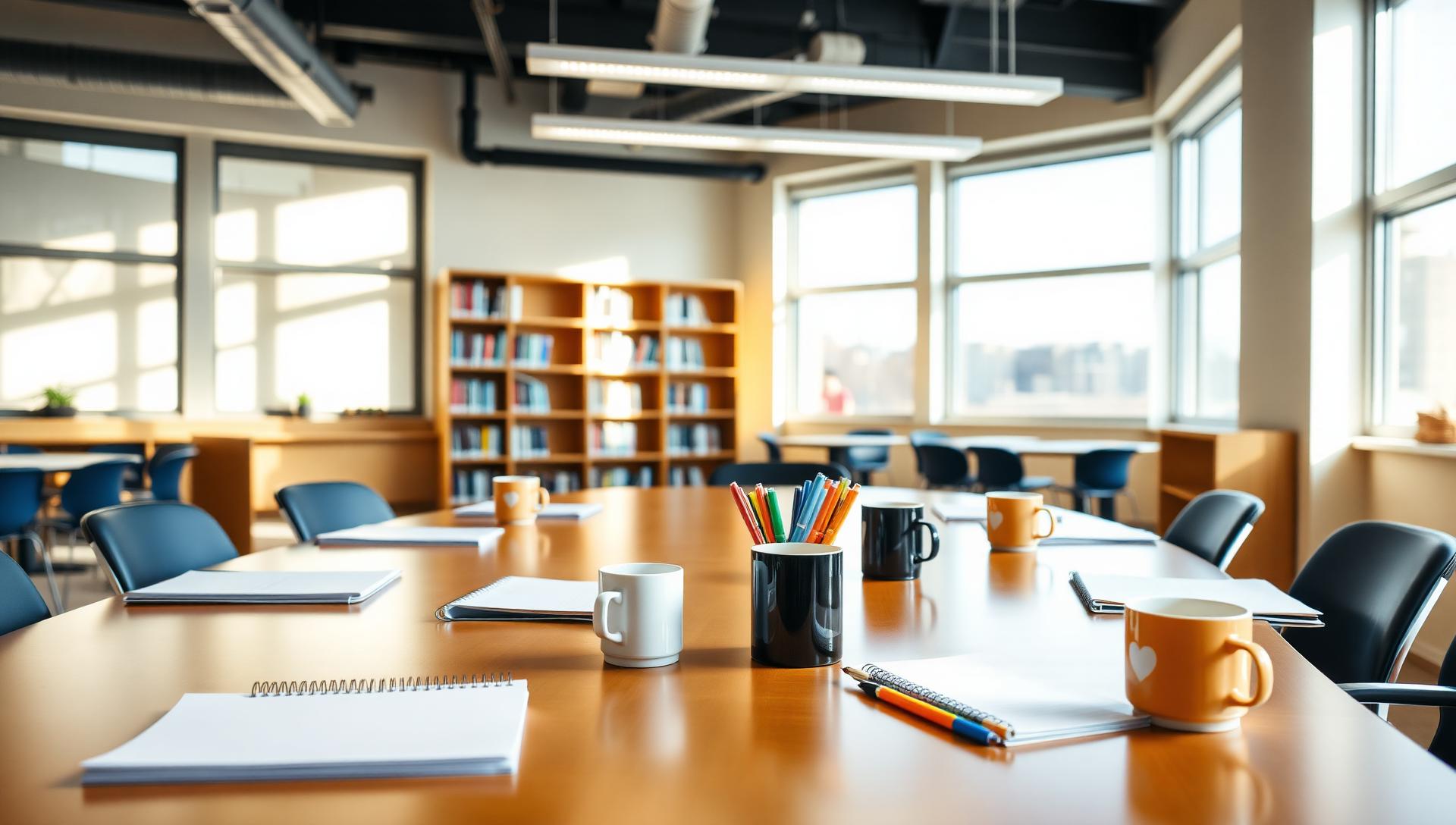 Professional learning table with notebooks, mugs and markers in a school library