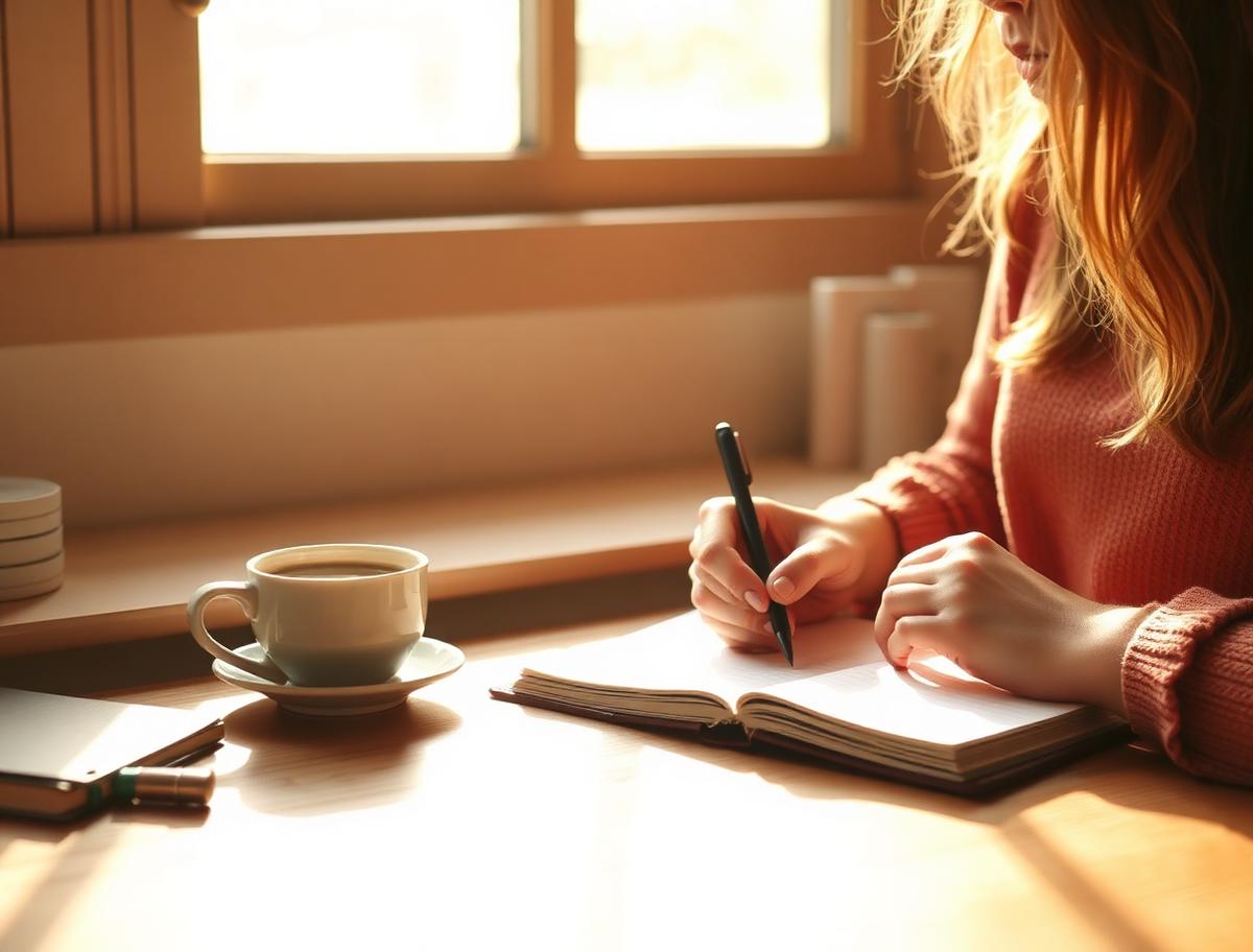 Teacher journaling reflections in a notebook beside a coffee by a sunny window