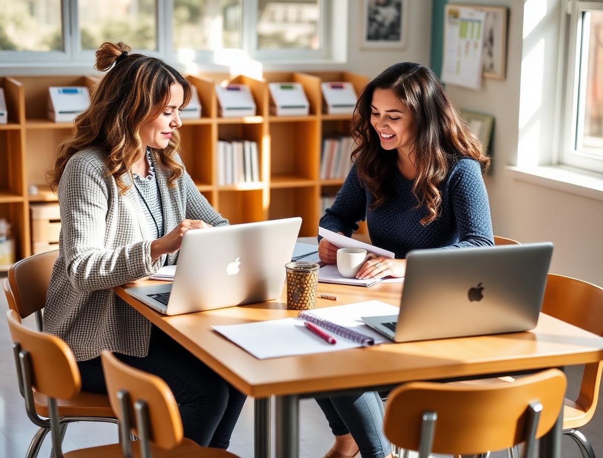 Two teachers co planning at a table with laptops and calendars