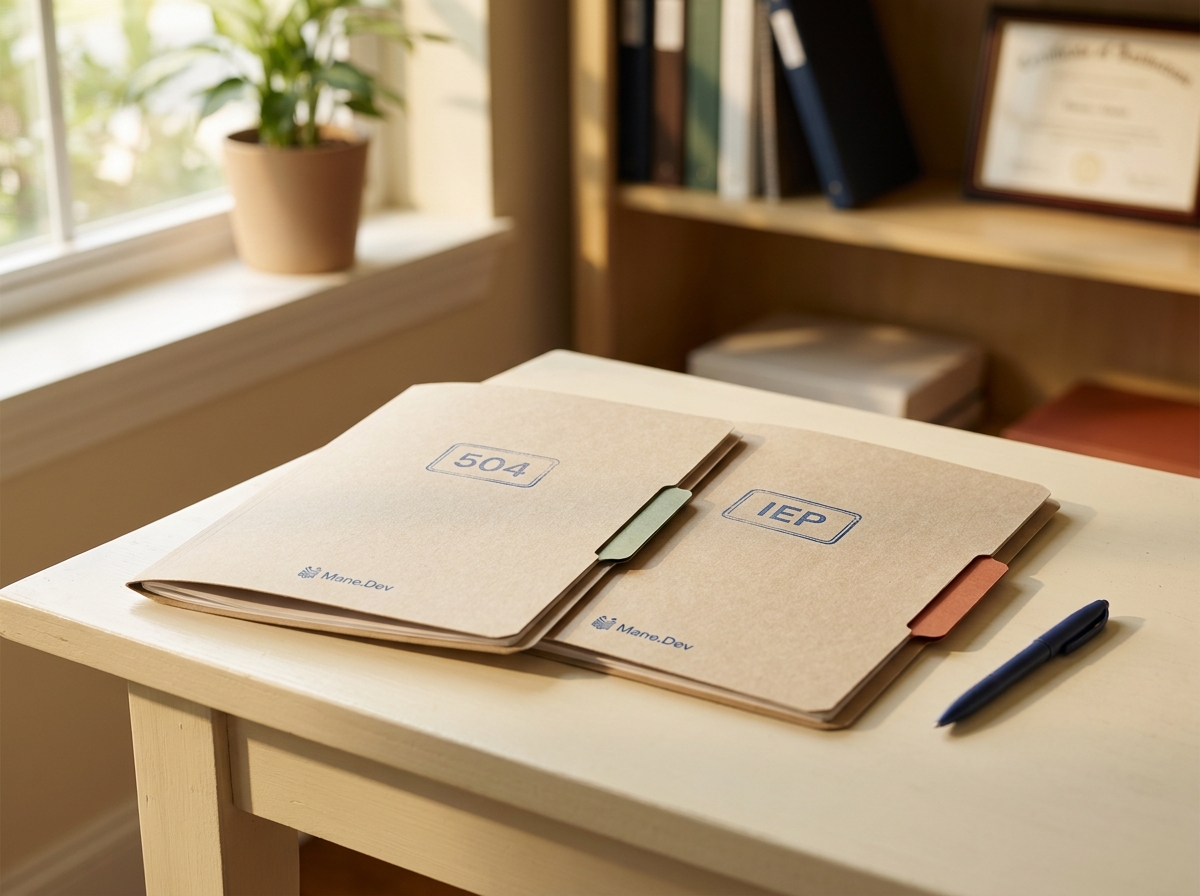 Two labeled folders on a cream desk, sage and terracotta tabs, natural window light, tidy admin corner