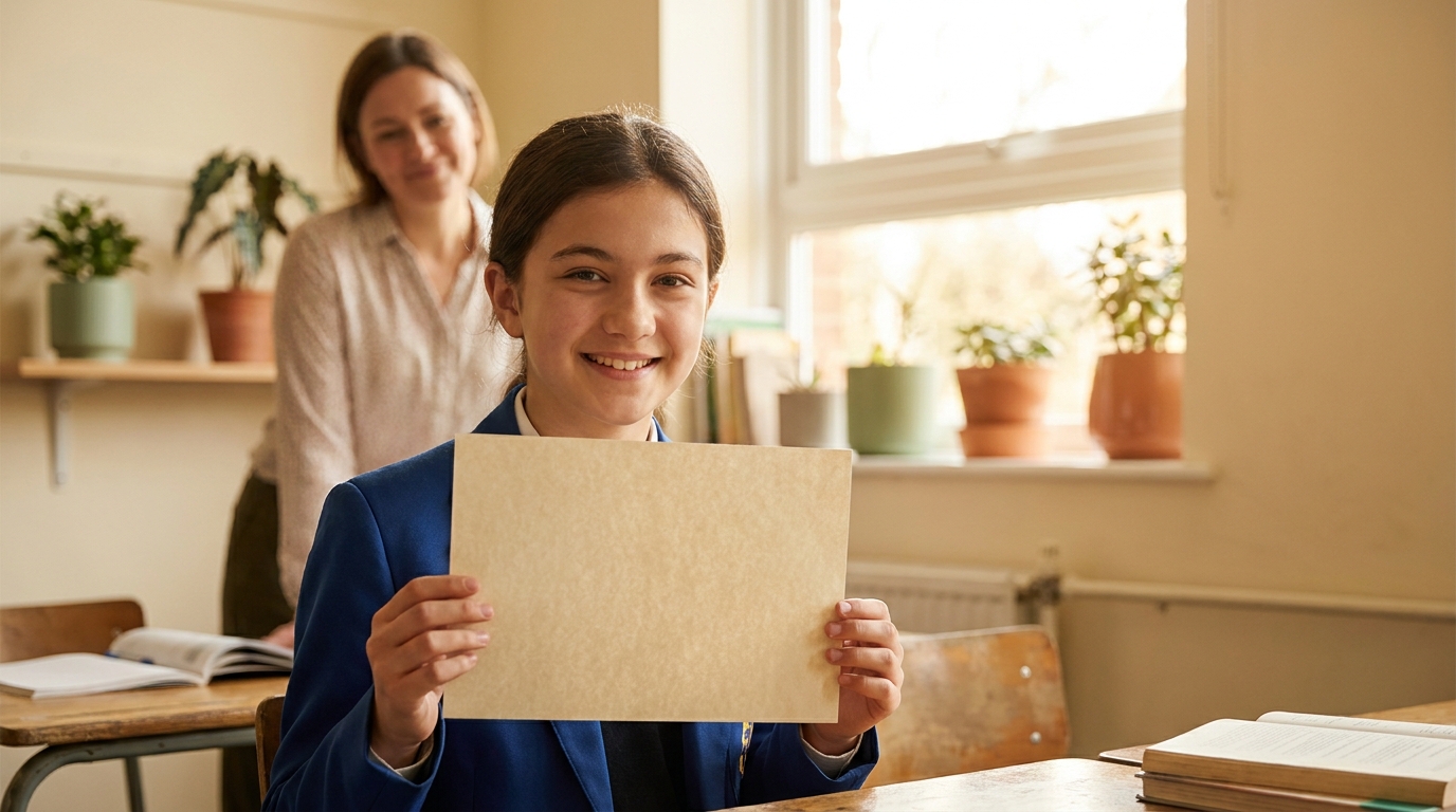 Student proudly holding a certificate in a bright cream-toned classroom with a teacher smiling nearby