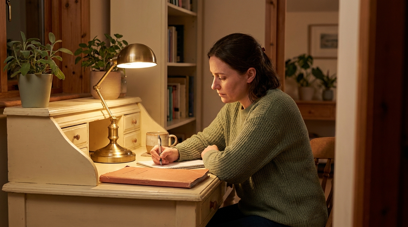 Teacher writing a recommendation letter at a cream desk, warm lamp light, terracotta folder and pen