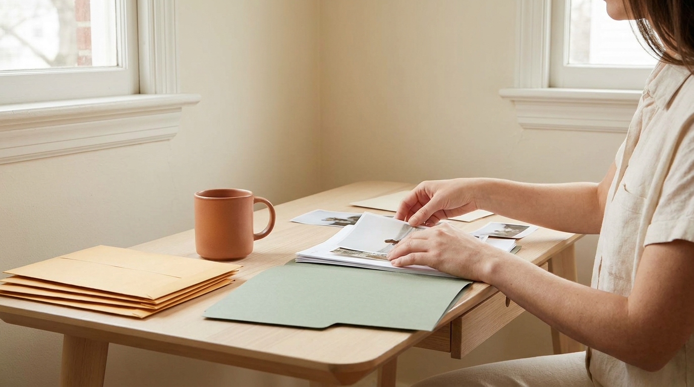 Teacher organizing a professional portfolio of classroom evidence on a cream desk, sage folder, terracotta accents, warm light