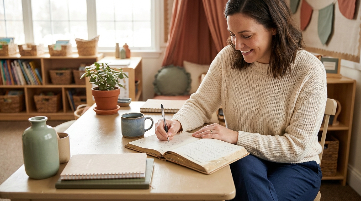 Teacher at a cream desk writing a year-at-a-glance parent communication calendar, sage folder and coffee mug, natural morning light