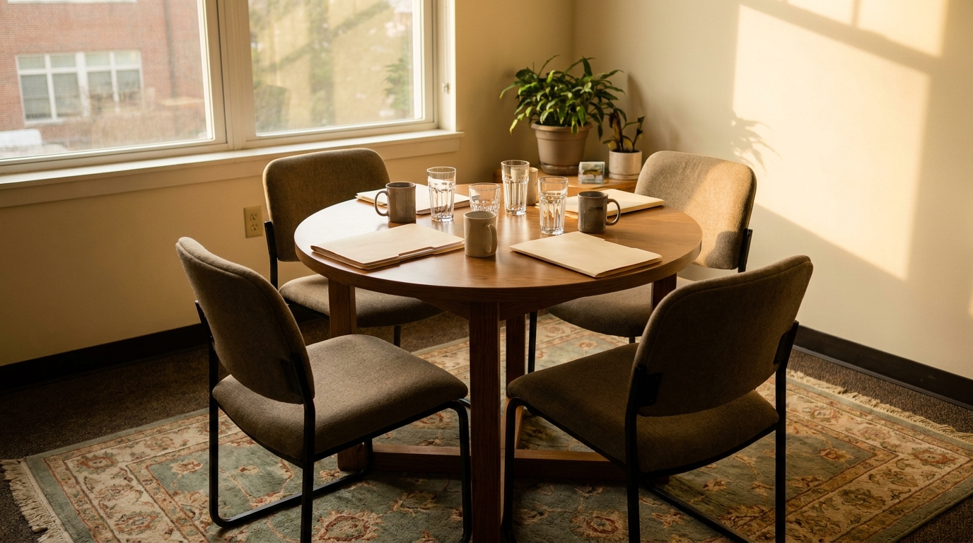 Small meeting table set with folders and water glasses, cream walls, warm afternoon light through a window
