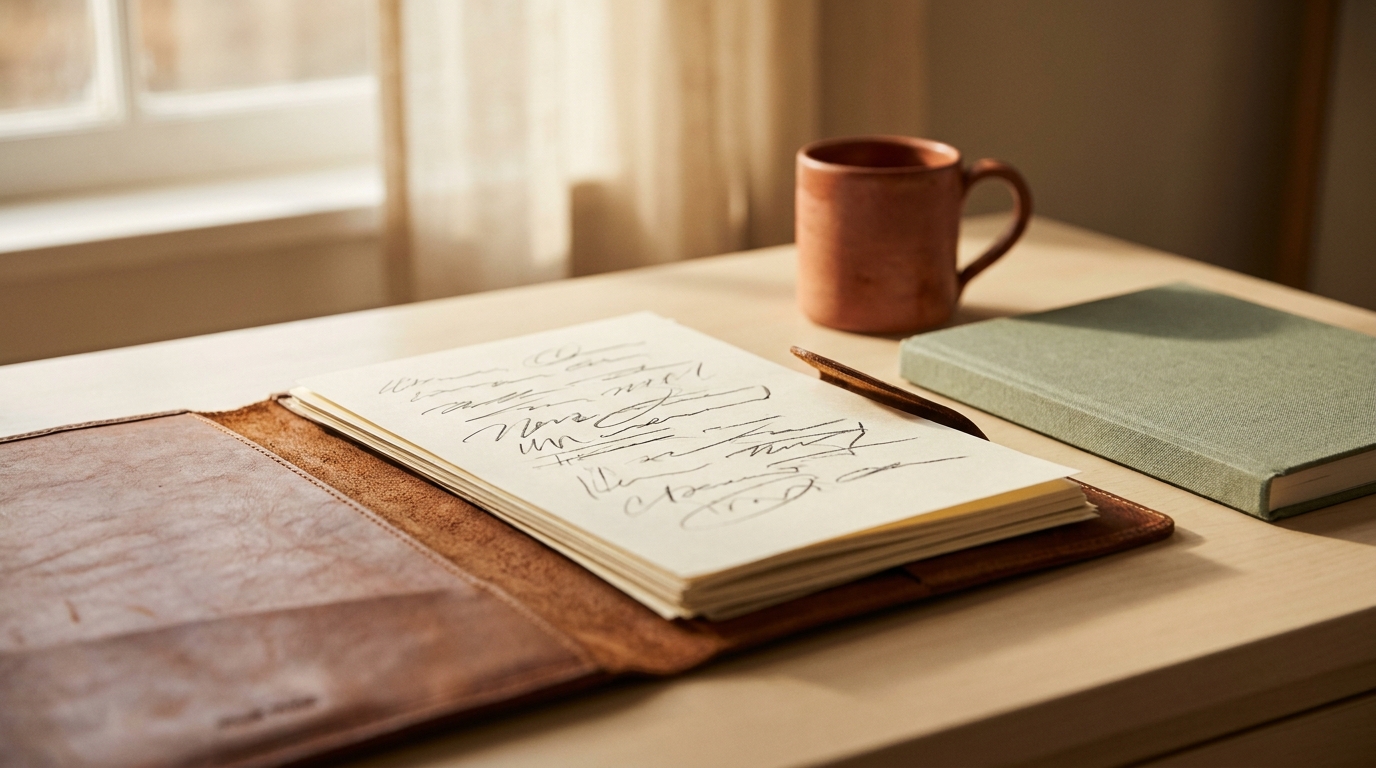 Student portfolio binder with dated writing samples on a cream desk, natural light, sage and terracotta classroom details