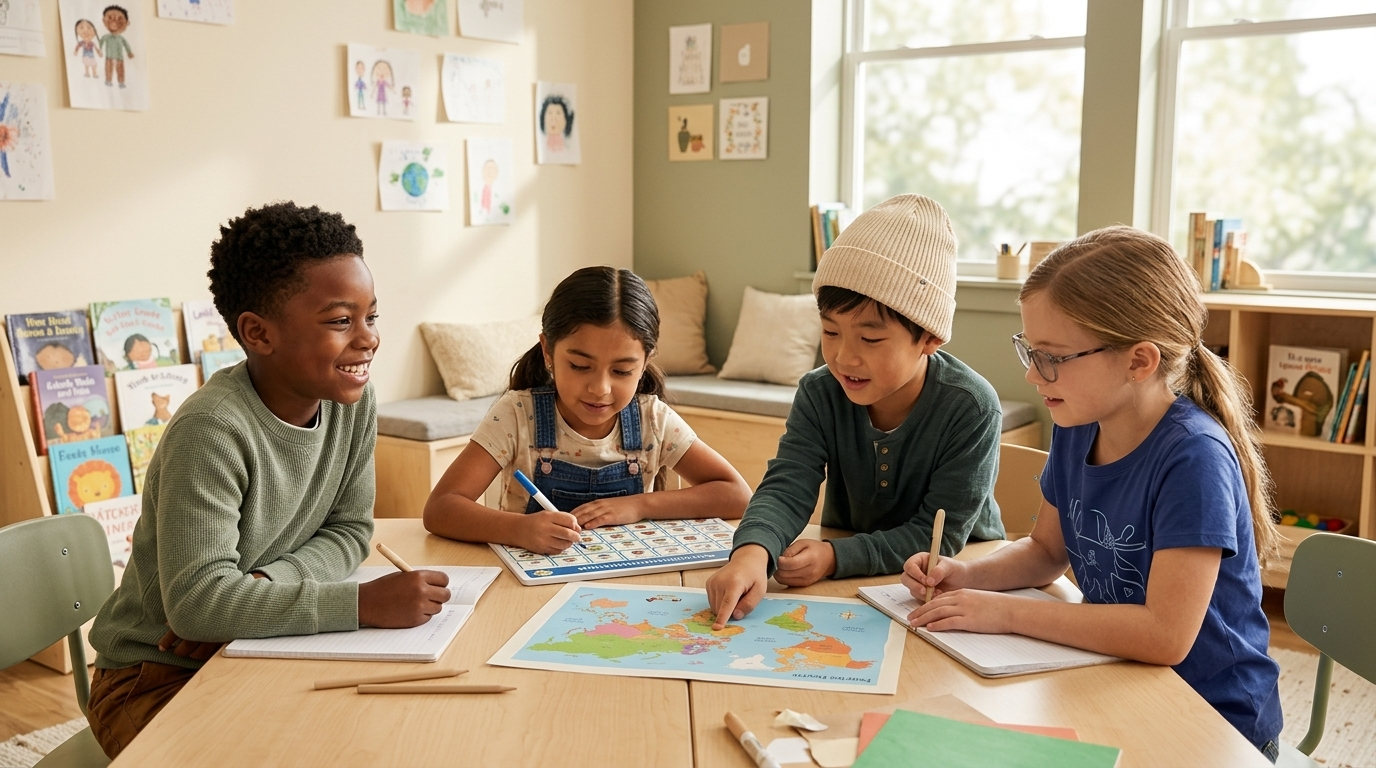 Diverse group of students working together in a classroom, inclusive learning setup, engaged students of different abilities