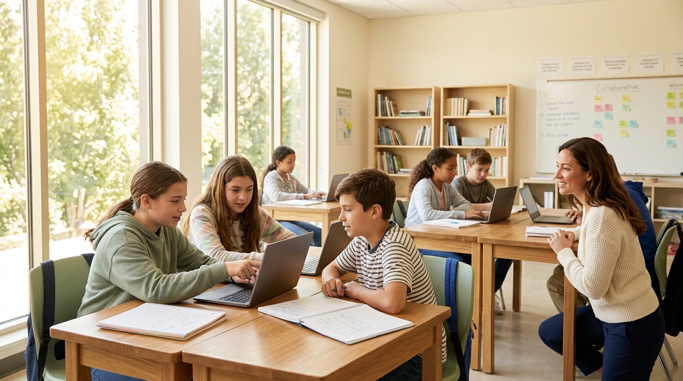 Teacher and students at desks with laptops in a classroom, natural light, collaborative setup, warm educational environment