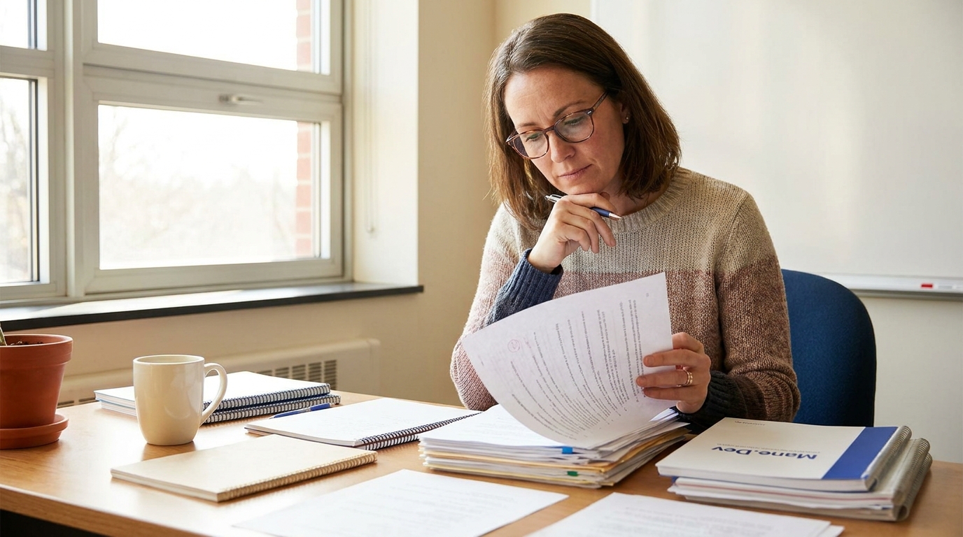 Teacher analyzing student work thoughtfully, natural light, focused review of papers