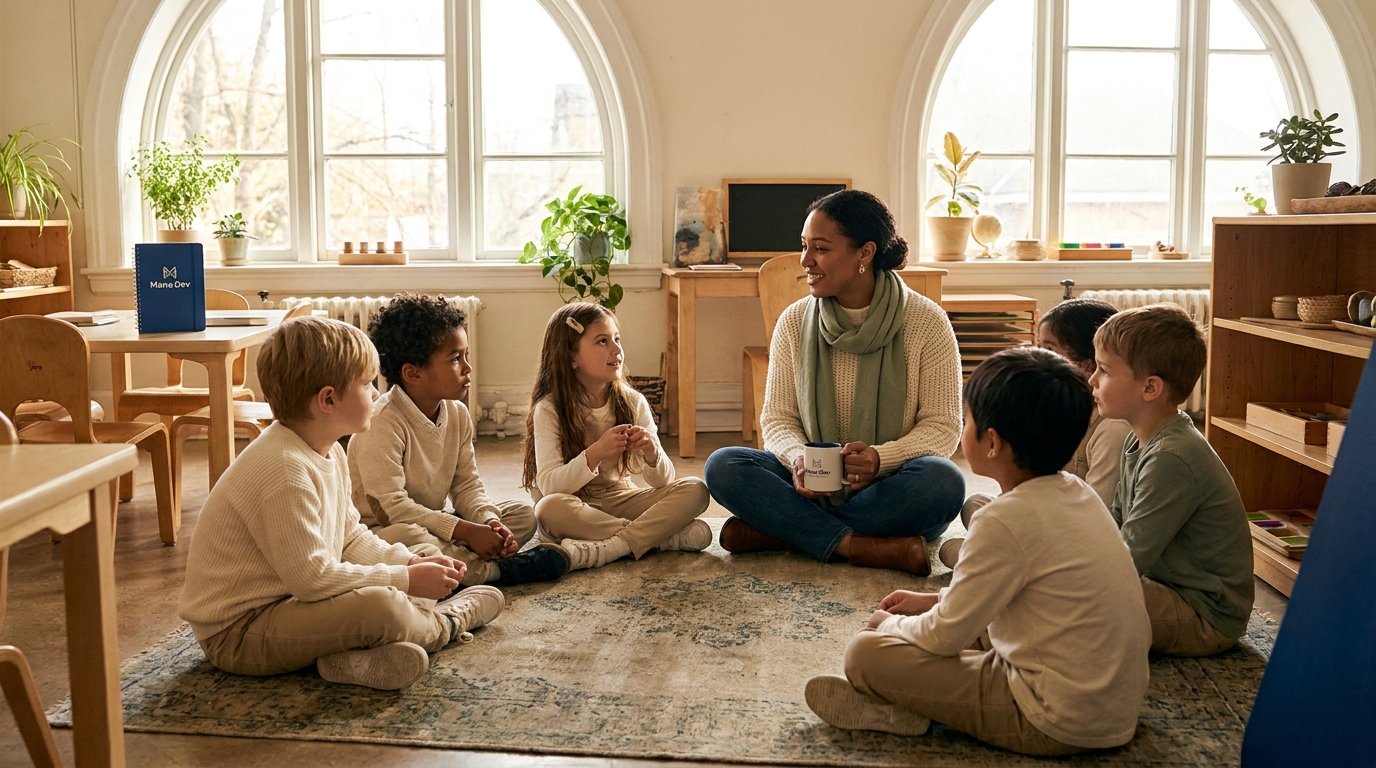 Classroom morning meeting with teacher and students, warm natural light, engaged community feeling