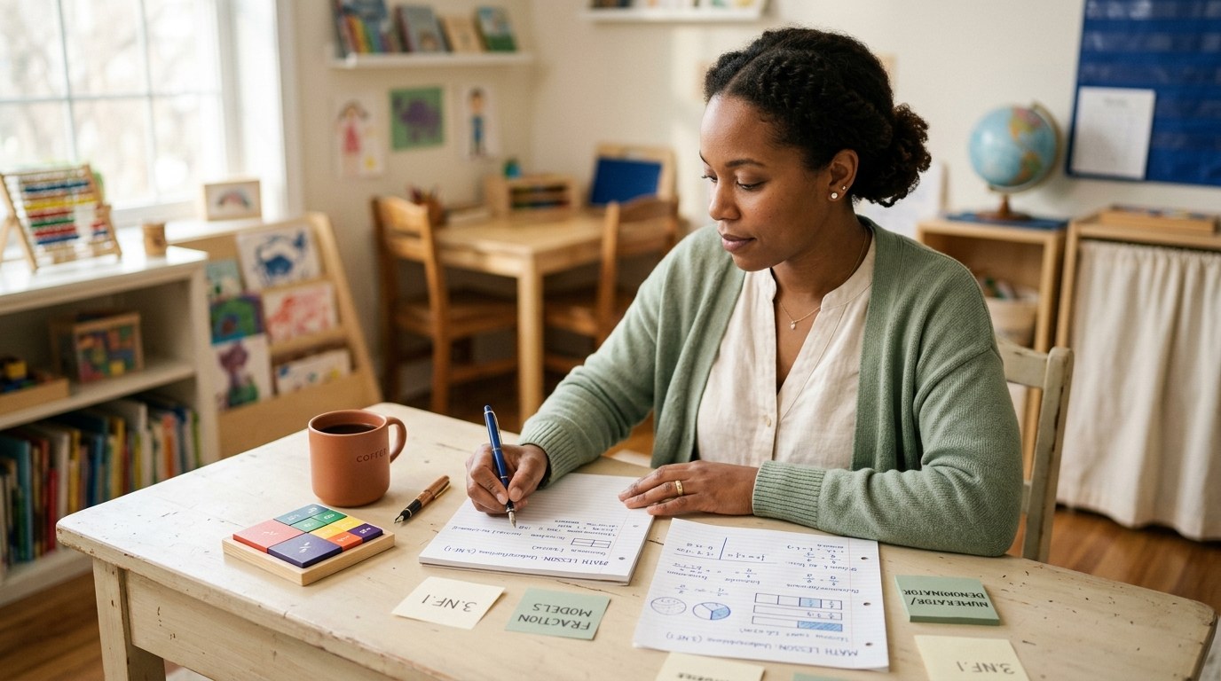 Teacher at a cream desk planning a math lesson with standards notes, sage cardigan, and natural morning light