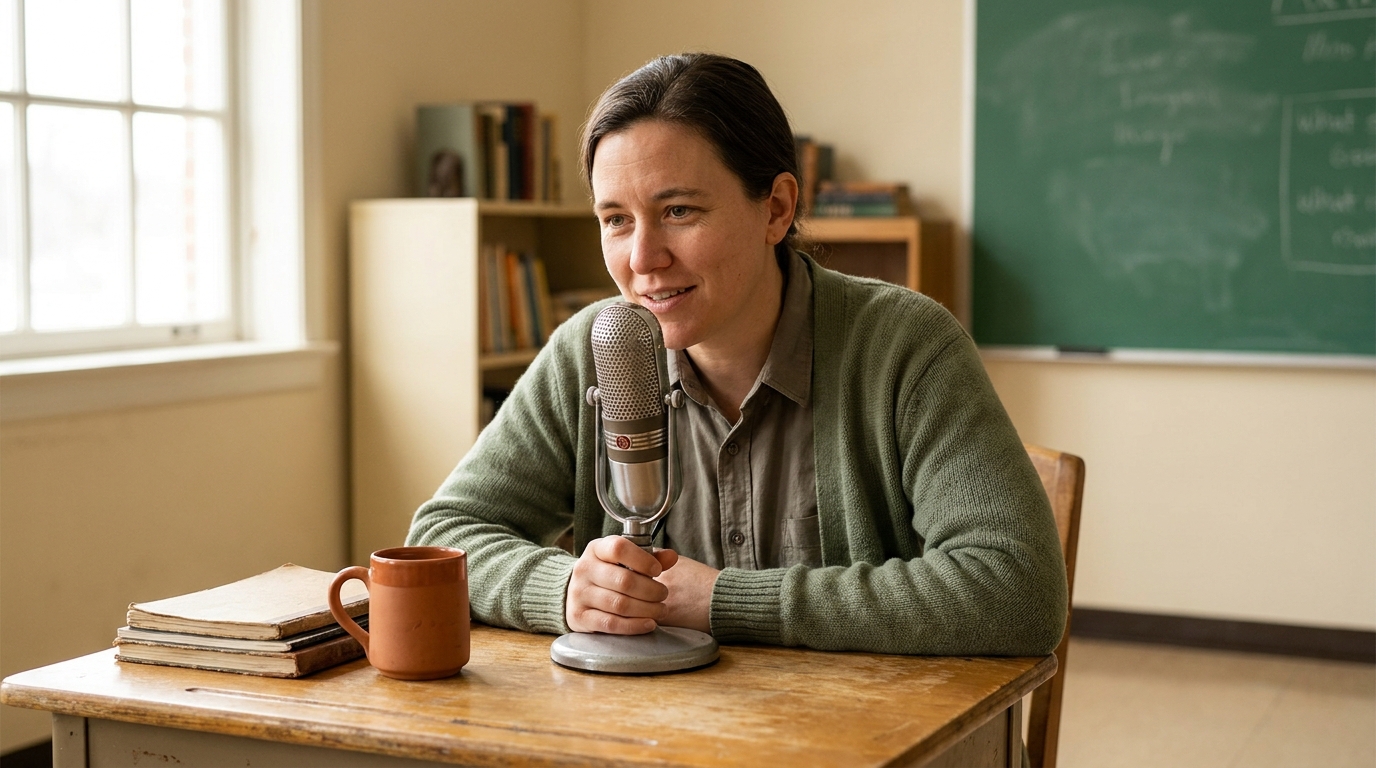 Teacher speaking into a microphone, natural classroom light, cream and sage tones, thoughtful expression