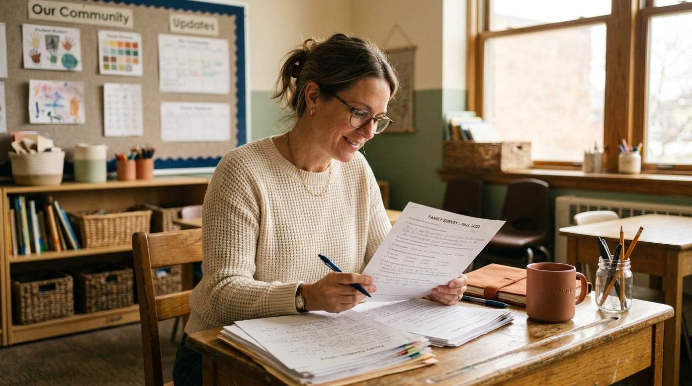 Teacher reading through a stack of completed family survey forms at a classroom desk, warm natural light, cream and sage tones
