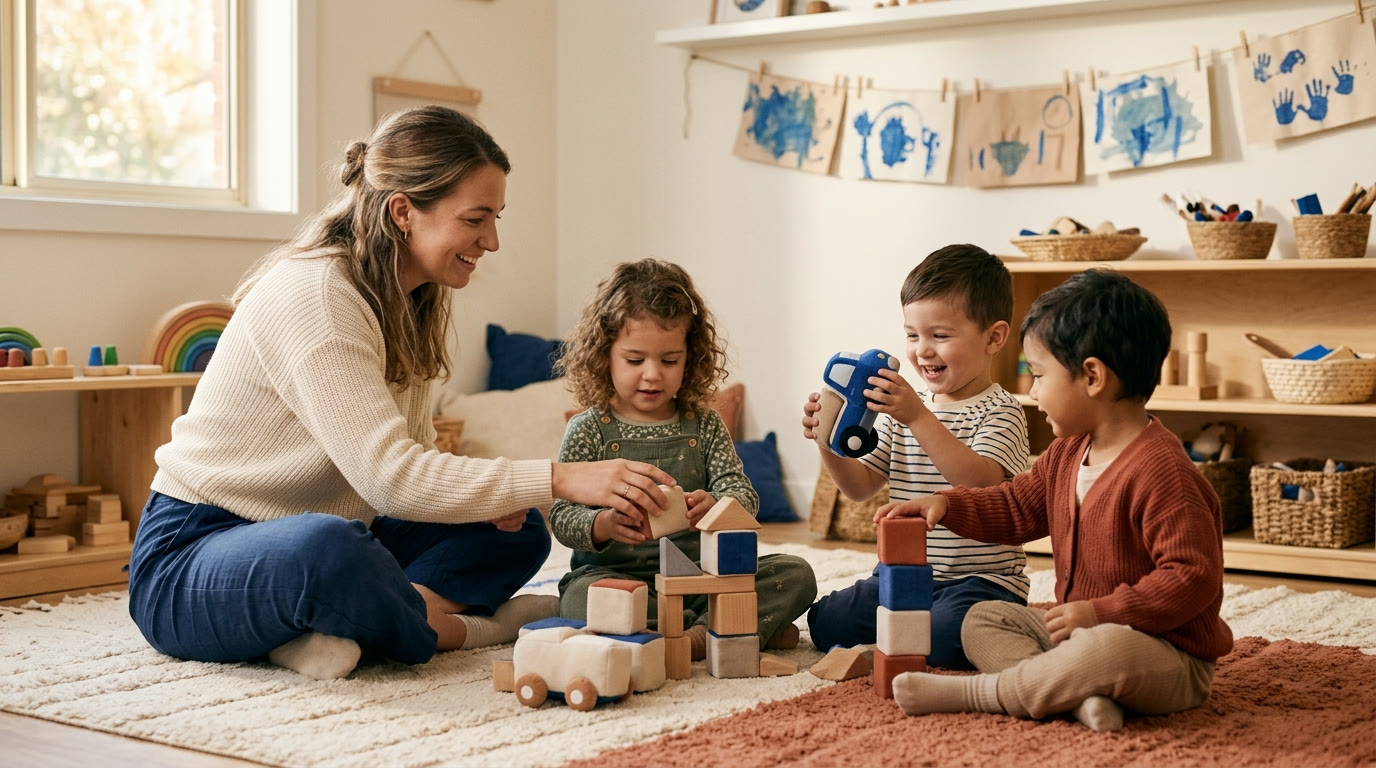 Preschool teacher sitting on the floor with young children at a play-based learning center, warm natural light, cream and terracotta tones