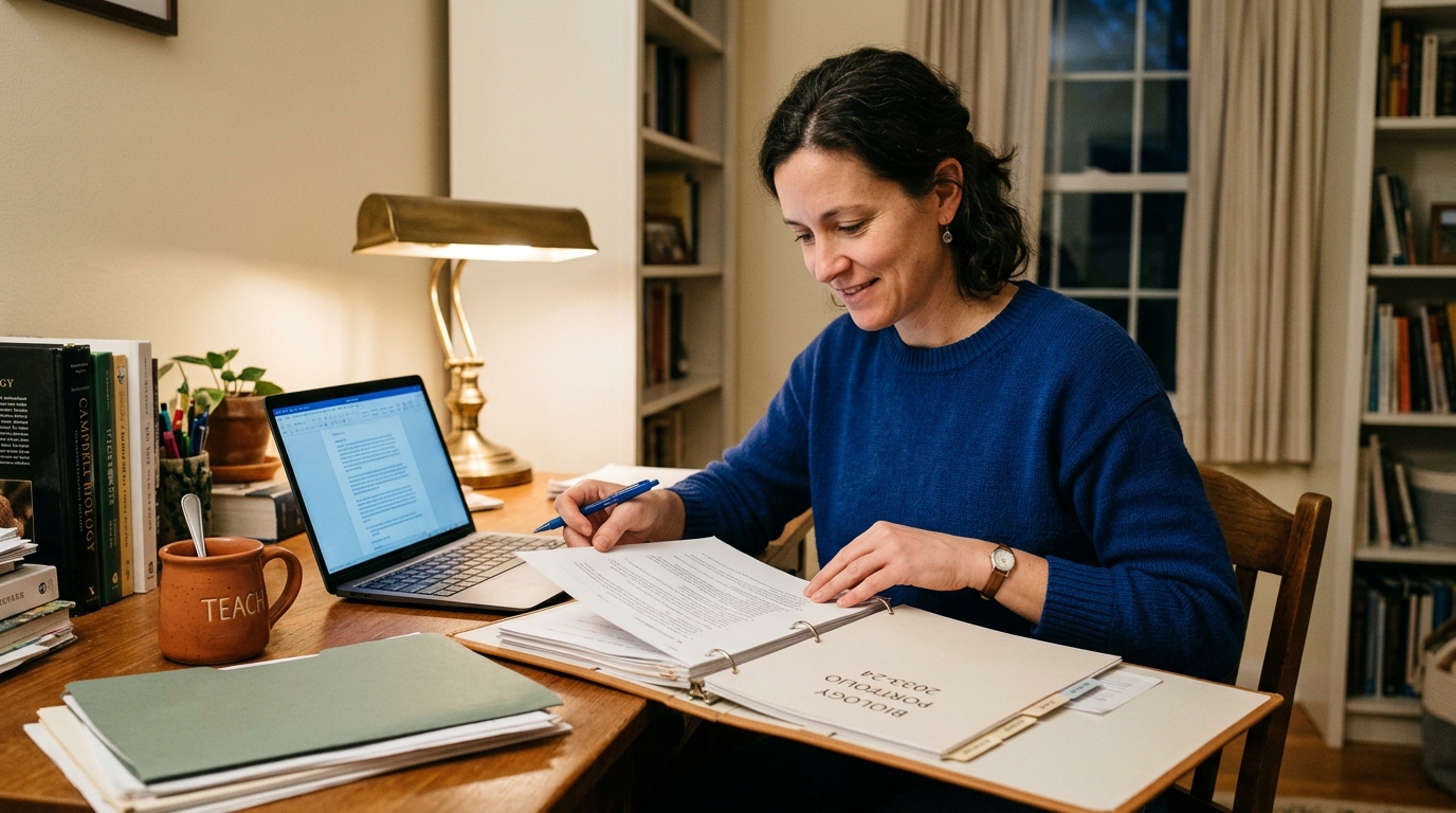 Teacher organizing a portfolio binder and laptop at a home desk, warm editorial light, cream and sage palette