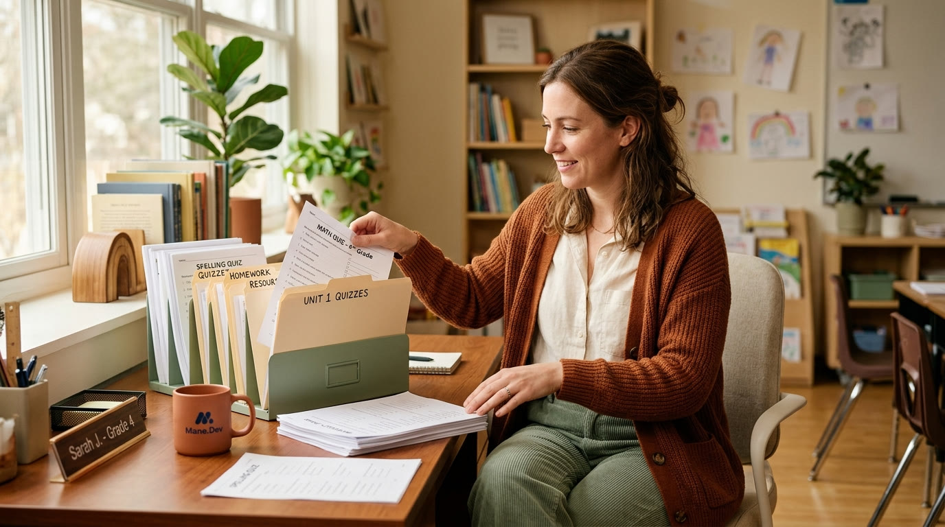 Teacher organizing printed quiz sheets into labeled folders at a desk, cream and sage tones, natural light