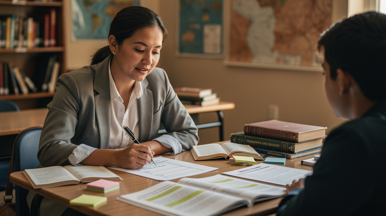 Teacher reviewing a student's paper outline at a desk with research notes spread out, warm natural light, cream and sage tones