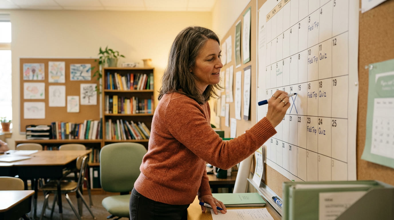 Teacher marking dates on a large wall calendar in a classroom, warm cream light, sage and terracotta color accents