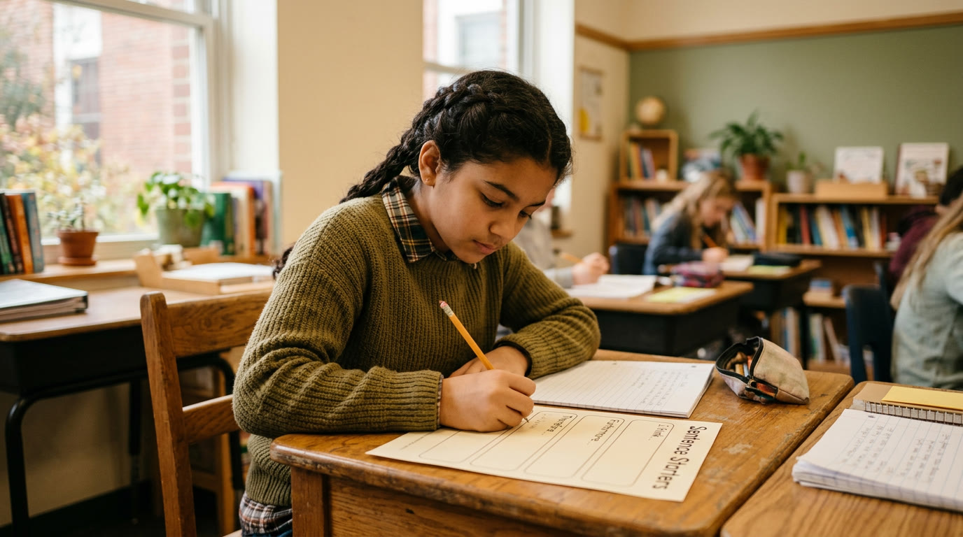 Middle school student writing at a desk with a tiered sentence-starter handout, cream and sage classroom tones, natural light