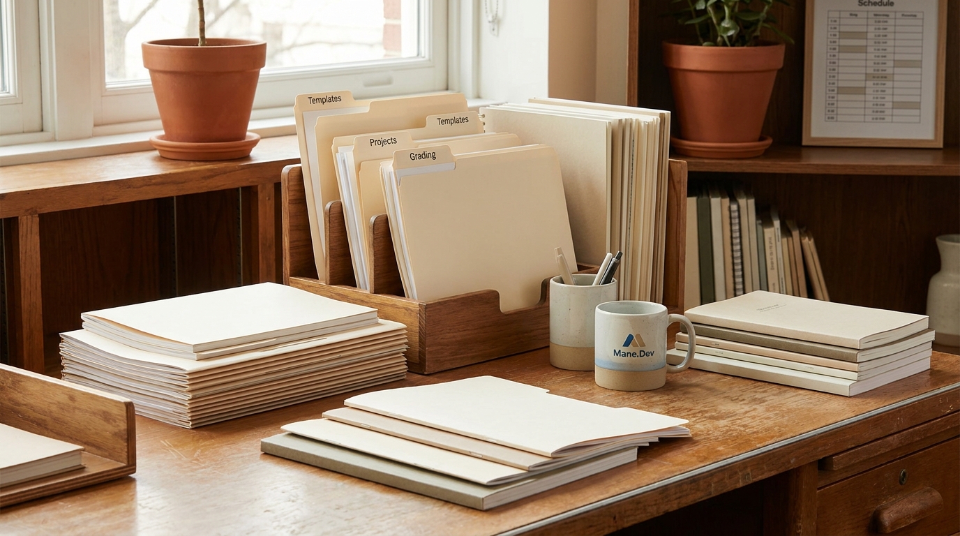 Teacher's desk with organized templates and folders, labeled filing system, warm light, terracotta plant nearby
