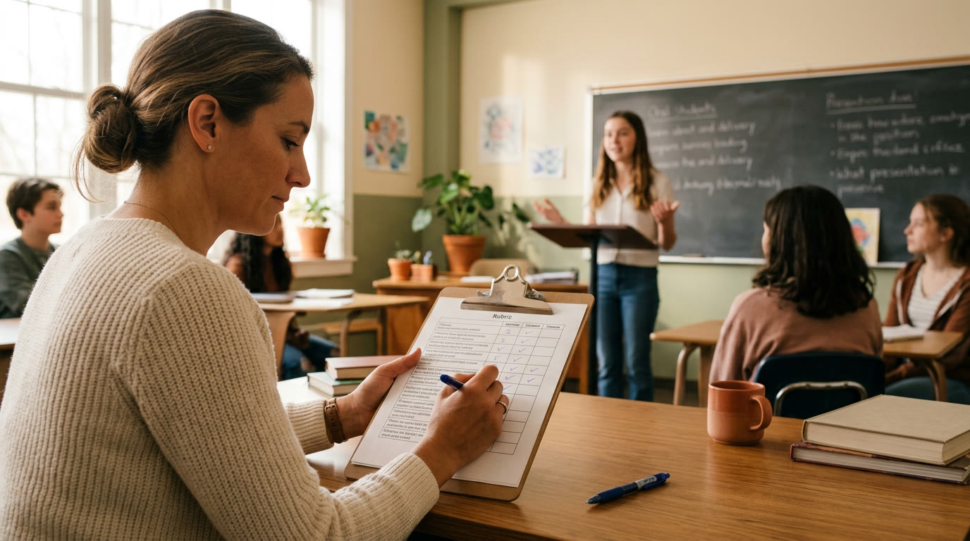 Teacher scoring a student oral presentation with a two-column rubric on a clipboard, classroom in warm natural light