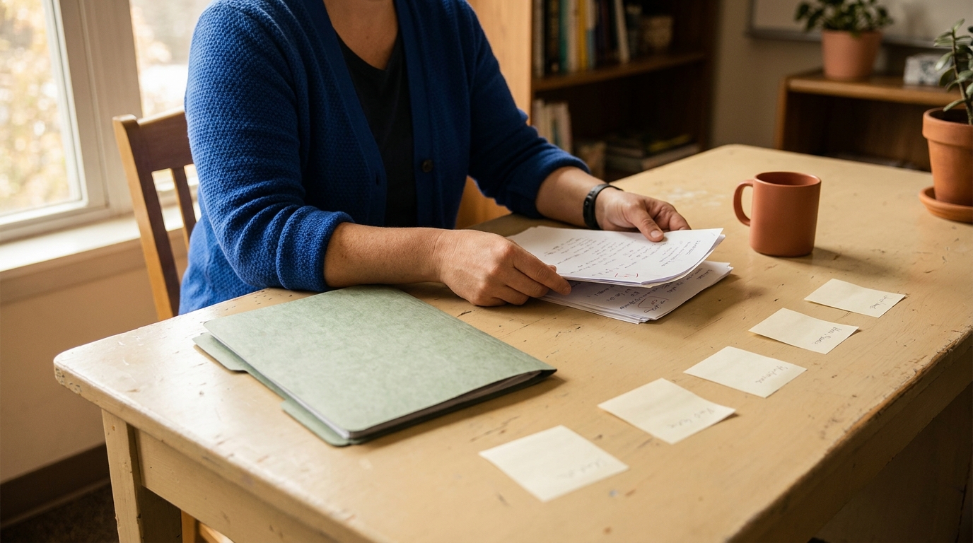 Teacher reviewing a short mid-unit check quiz at a cream desk with sticky notes marking student names, sage folder, natural light