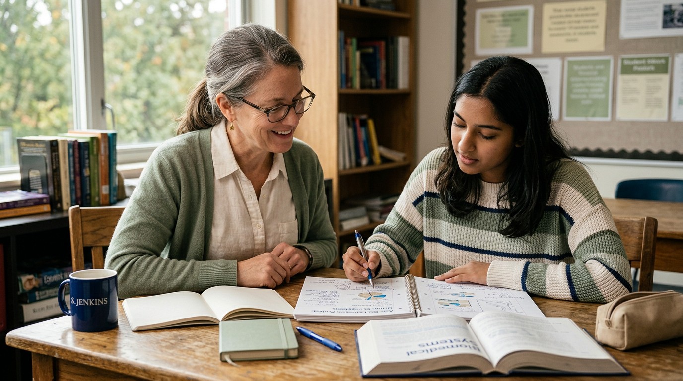 Teacher reviewing an advanced student's extension project at a desk, notebook open, warm natural light, cream and sage tones