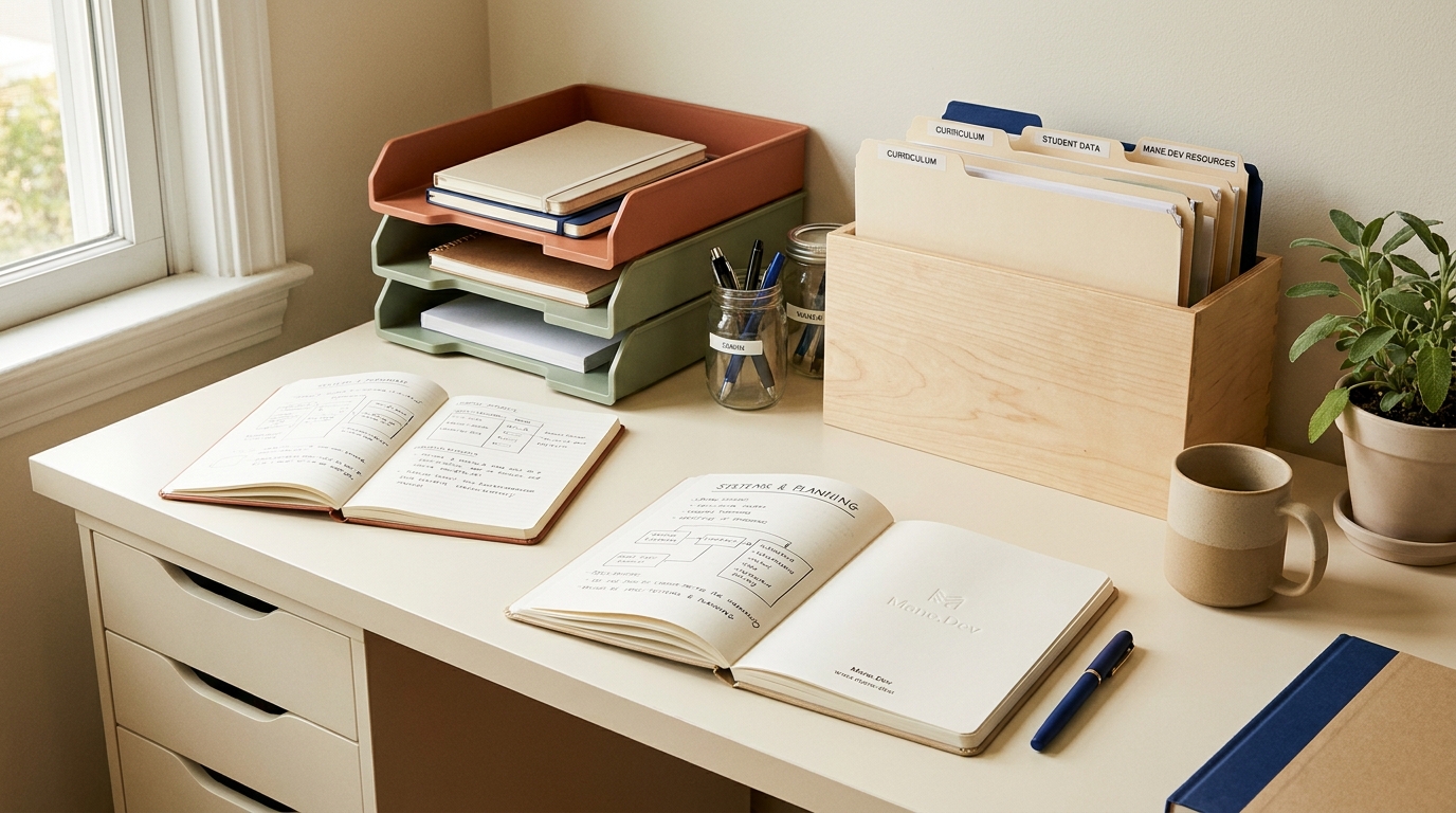 Organized teacher workspace with notebooks and systems, natural light, calm aesthetic