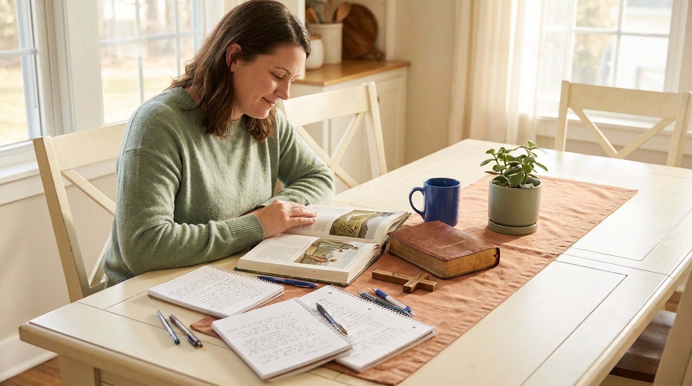 Parent planning Christian homeschool year at cream kitchen table with curriculum books, handwritten notes, cross and Bible nearby, warm natural morning light