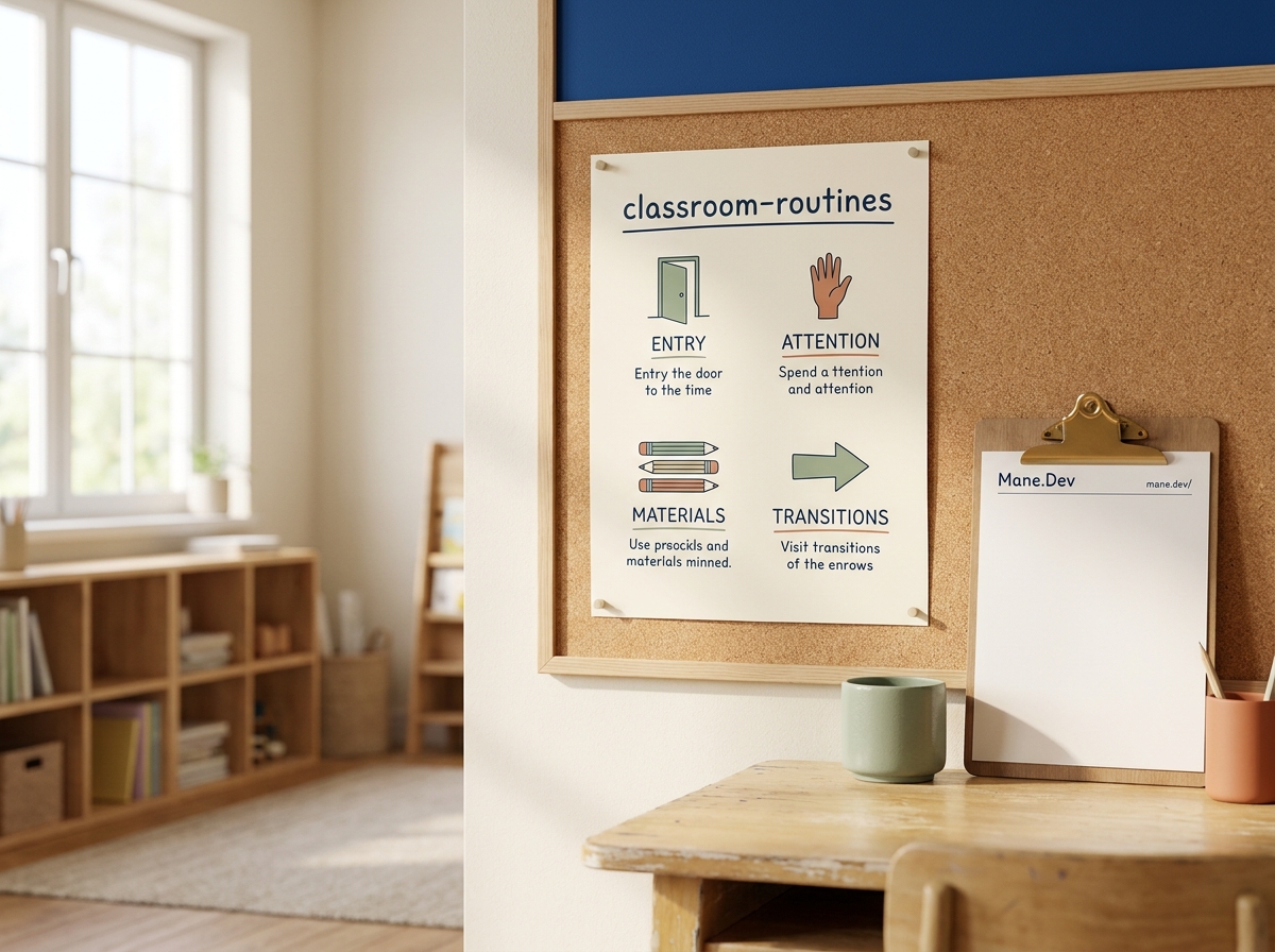 Classroom wall with a simple visual routines chart, wooden clipboard, sage and terracotta accents, morning light