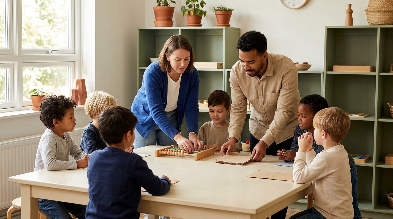 Two teachers co-teaching a small group at a cream table, warm natural light, sage and terracotta classroom accents