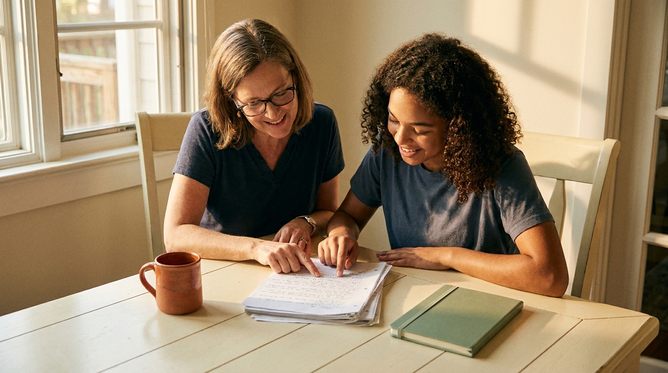 Teacher and student reviewing a scholarship essay draft together at a cream table, warm afternoon light, terracotta mug and sage notebook
