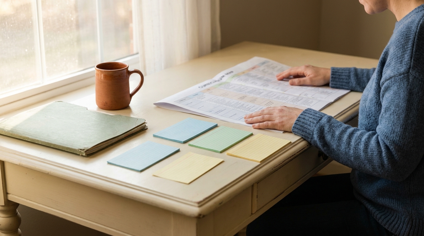 Teacher reviewing a year-long curriculum map on a cream desk with color-coded unit cards, natural light, sage folder