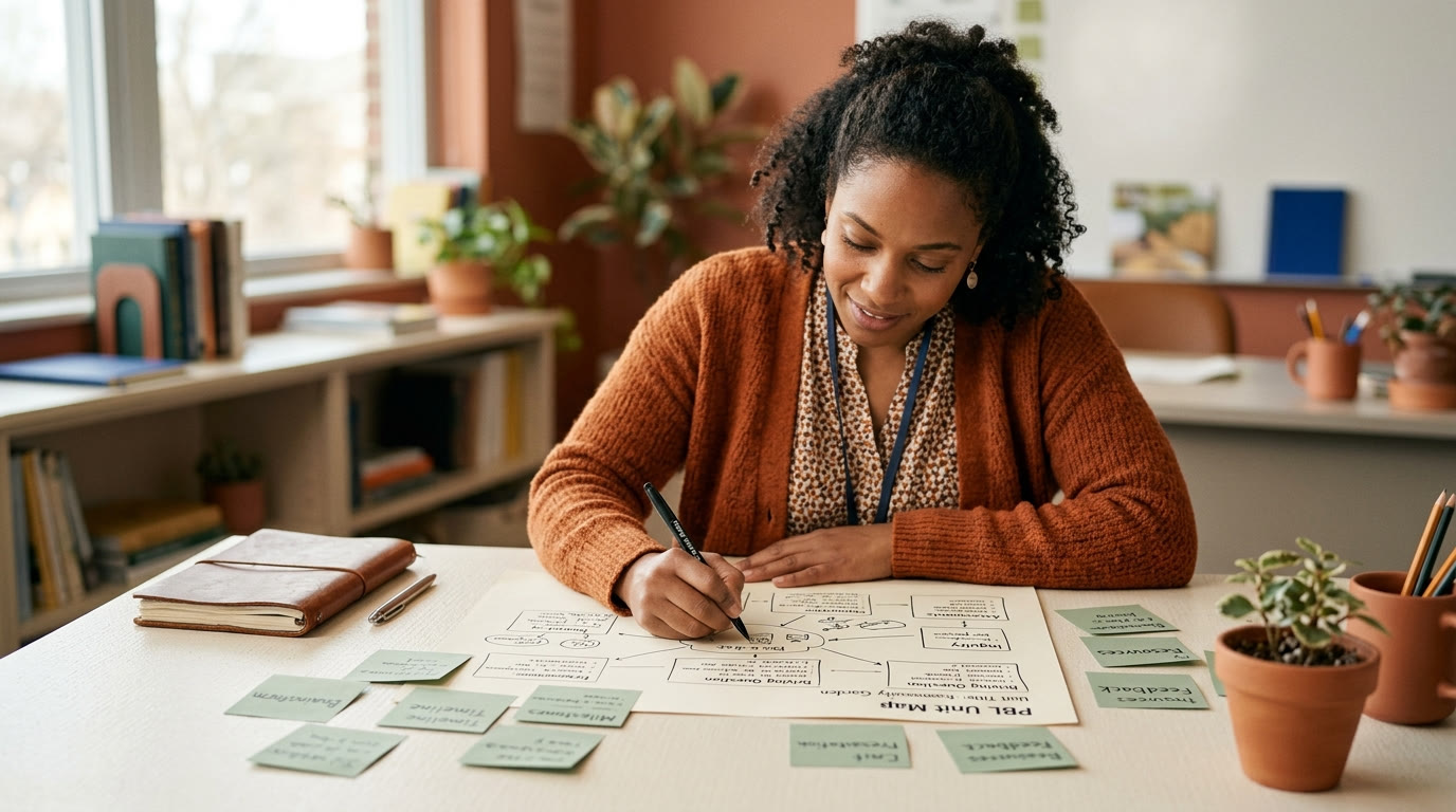 Teacher sketching a project-based learning unit map on paper at a cream desk, sage sticky notes, natural light