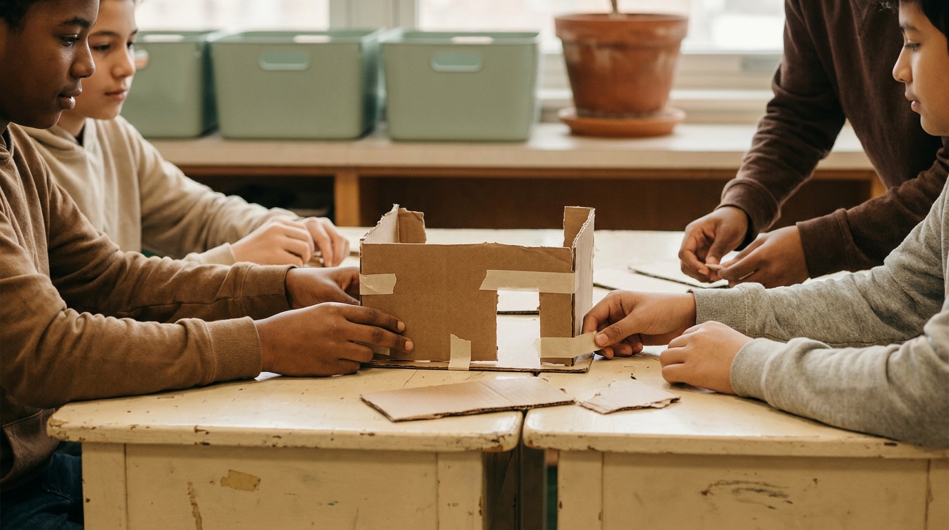 Students' hands building a simple cardboard and tape structure on a cream classroom table, natural window light, sage supply bins in the background