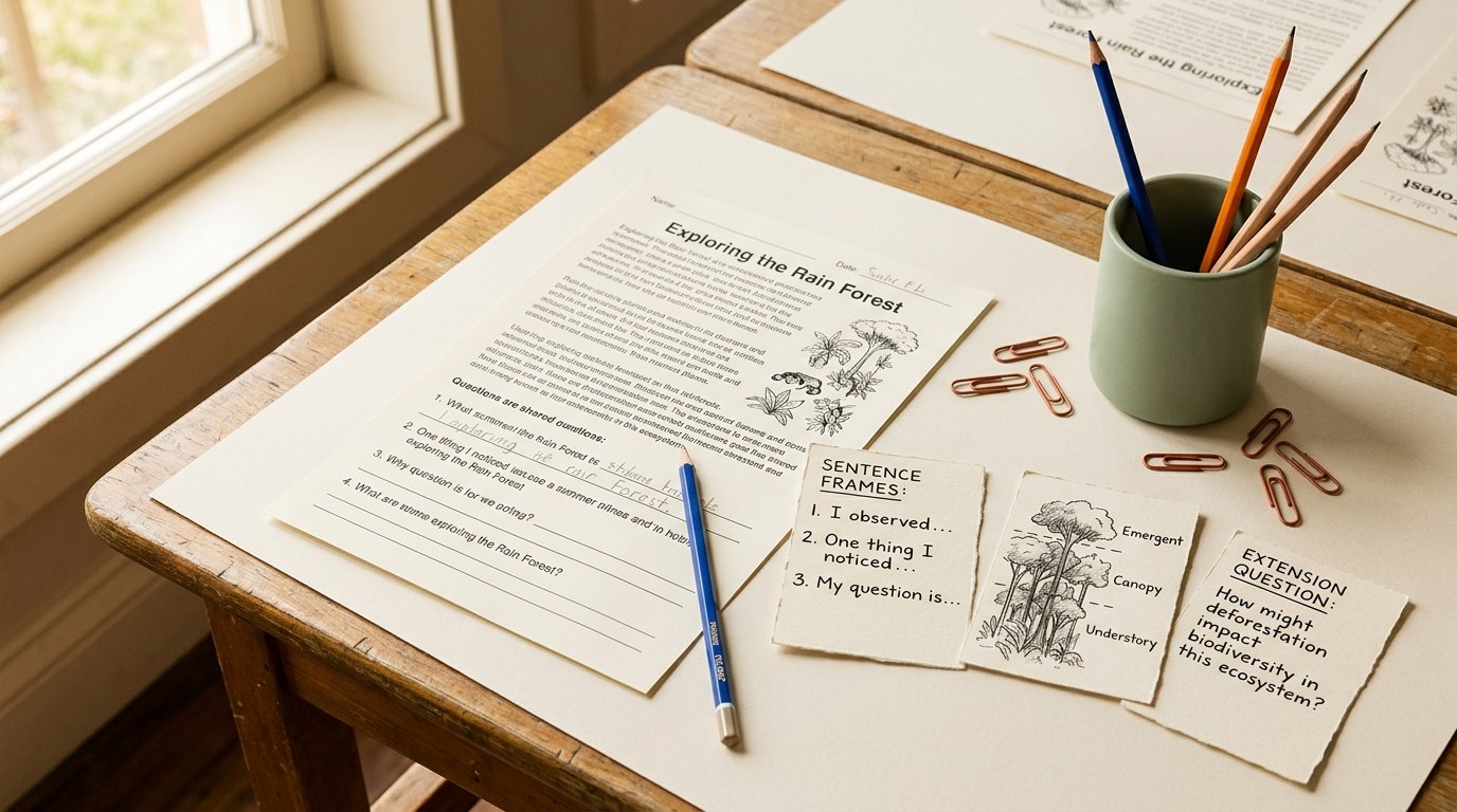 Classroom table with three small scaffold cards and one shared lesson sheet, natural light, warm editorial palette