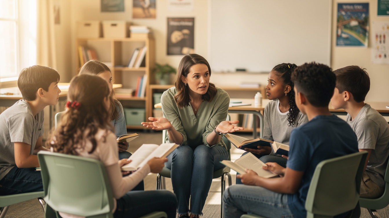 Teacher facilitating a small group discussion circle with students holding books, warm natural light, cream and sage tones