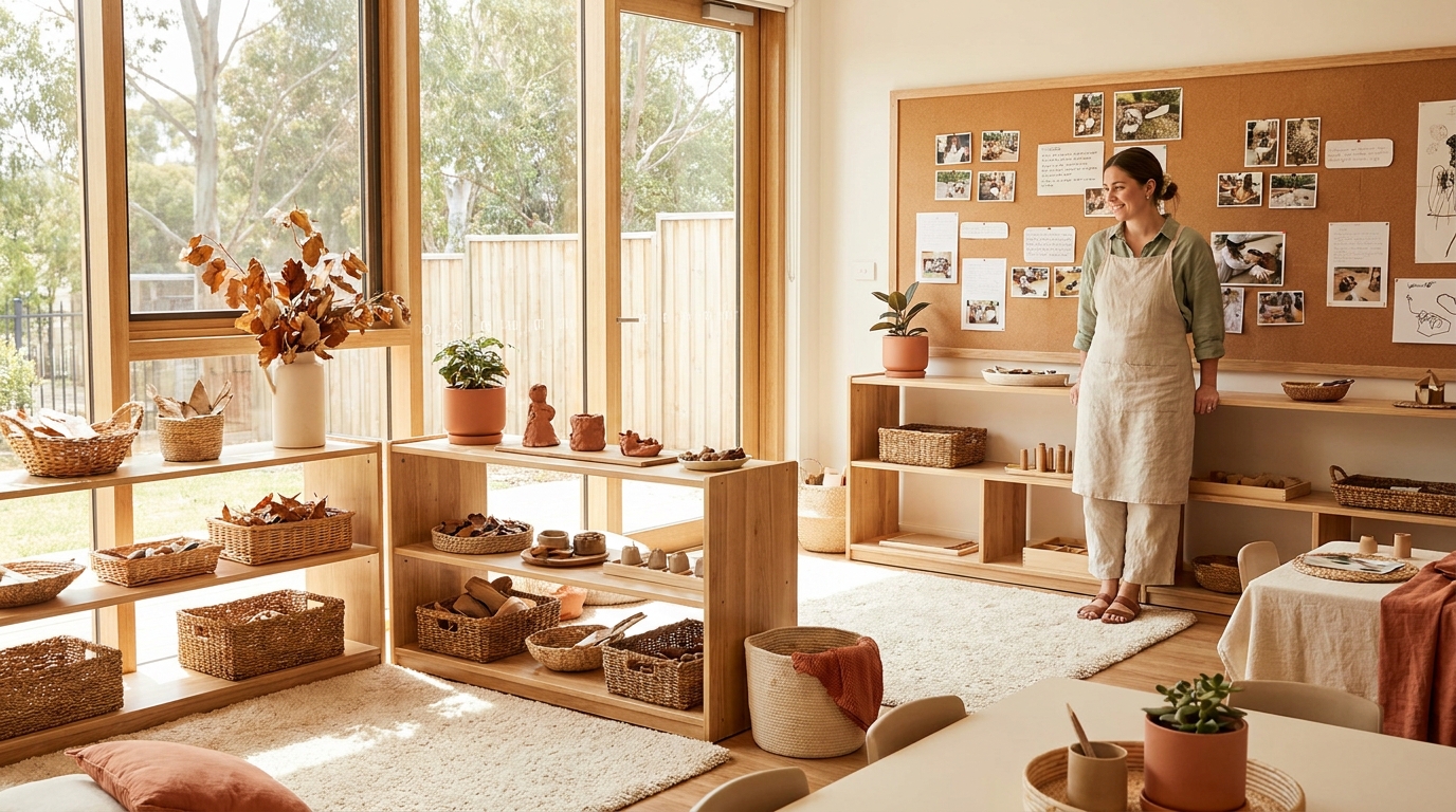 Reggio classroom with natural wood shelving, student artwork and exploration materials, teacher standing at documentation wall with photos and children's words