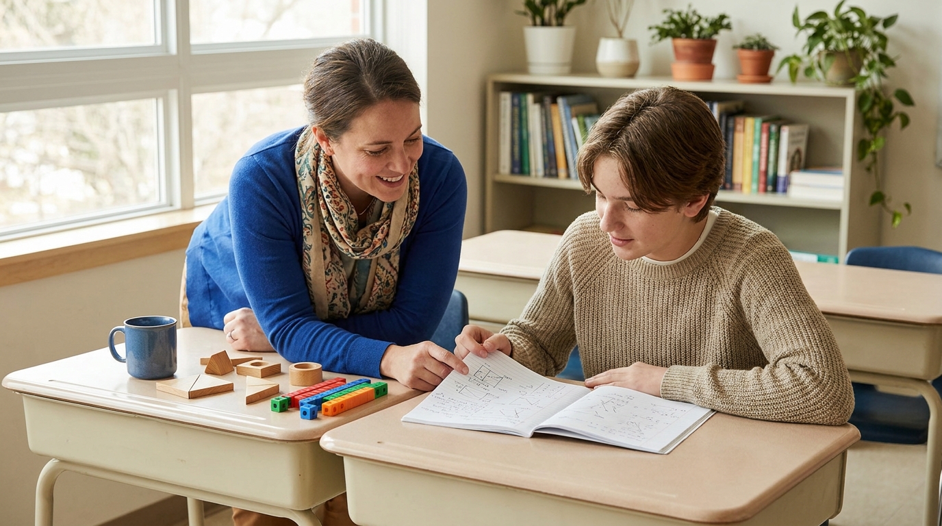 Teacher reviewing an advanced student project at a cream desk with math manipulatives and natural window light