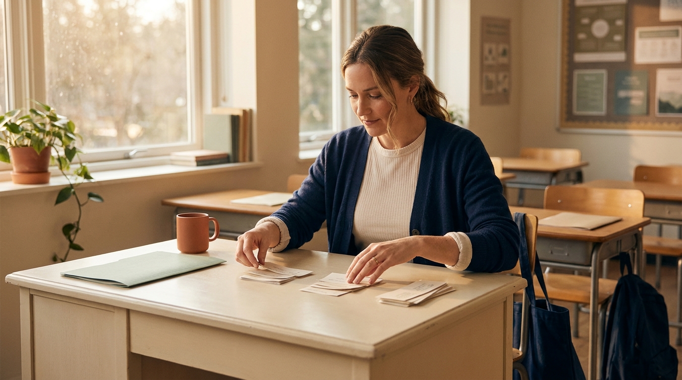 Teacher sorting small exit-ticket slips into piles at a cream desk, natural afternoon light, terracotta mug