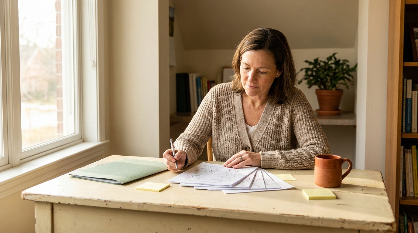 Teacher at a cream desk reviewing a stack of student papers with a pen, sage folder and terracotta mug, natural light