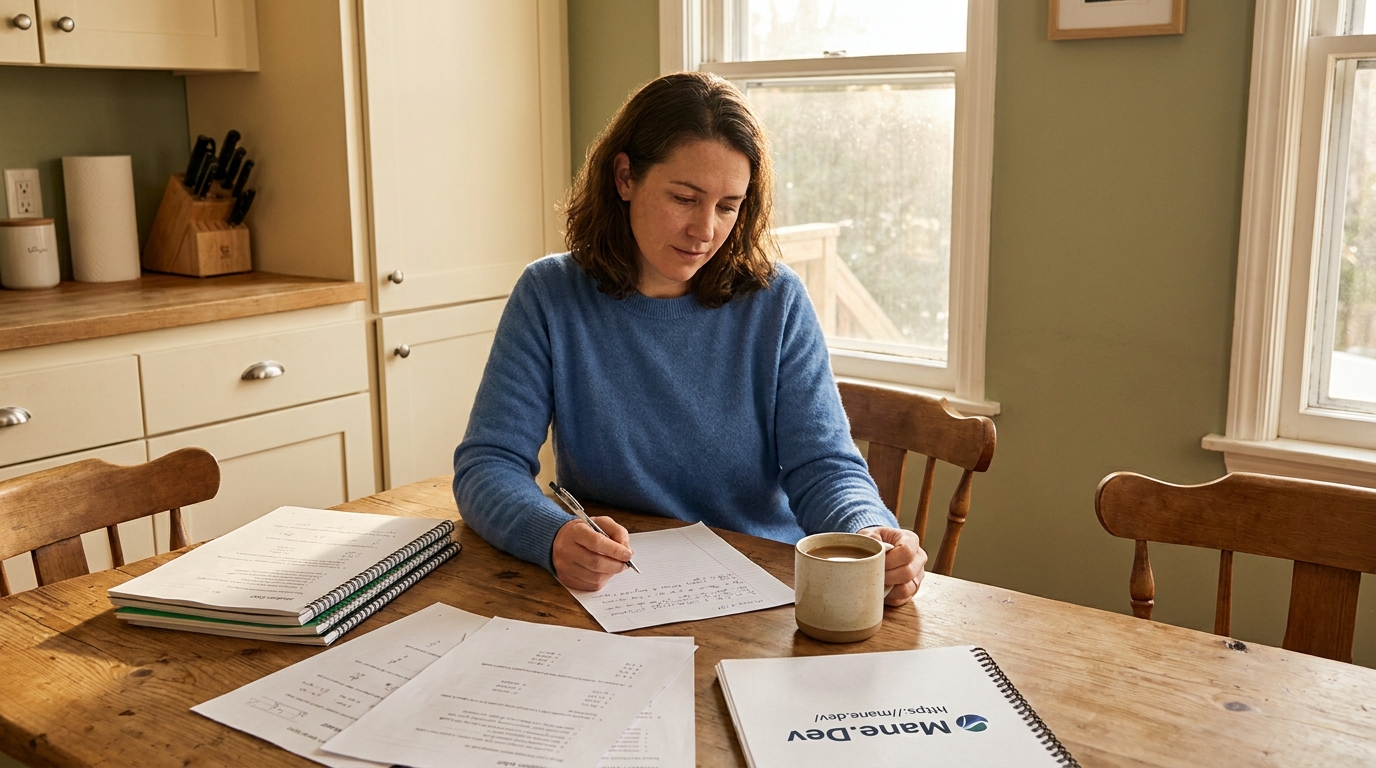 Teacher reviewing student assessments with thoughtful expression, warm desk with coffee and notes, natural afternoon light